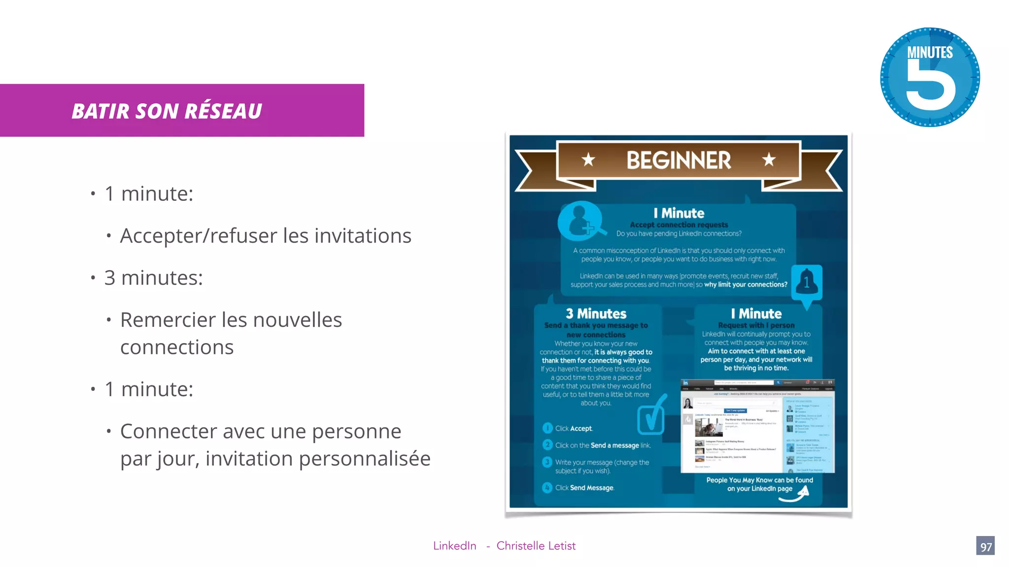 LinkedIn - Christelle Letist 97
BATIR SON RÉSEAU
• 1 minute:
• Accepter/refuser les invitations
• 3 minutes:
• Remercier les nouvelles
connections
• 1 minute:
• Connecter avec une personne
par jour, invitation personnalisée
 