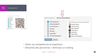 LinkedIn - Christelle Letist 20
Compétences06
• Gérez vos compétences et expertises
• Décochez des personnes = diminuez un ranking
 