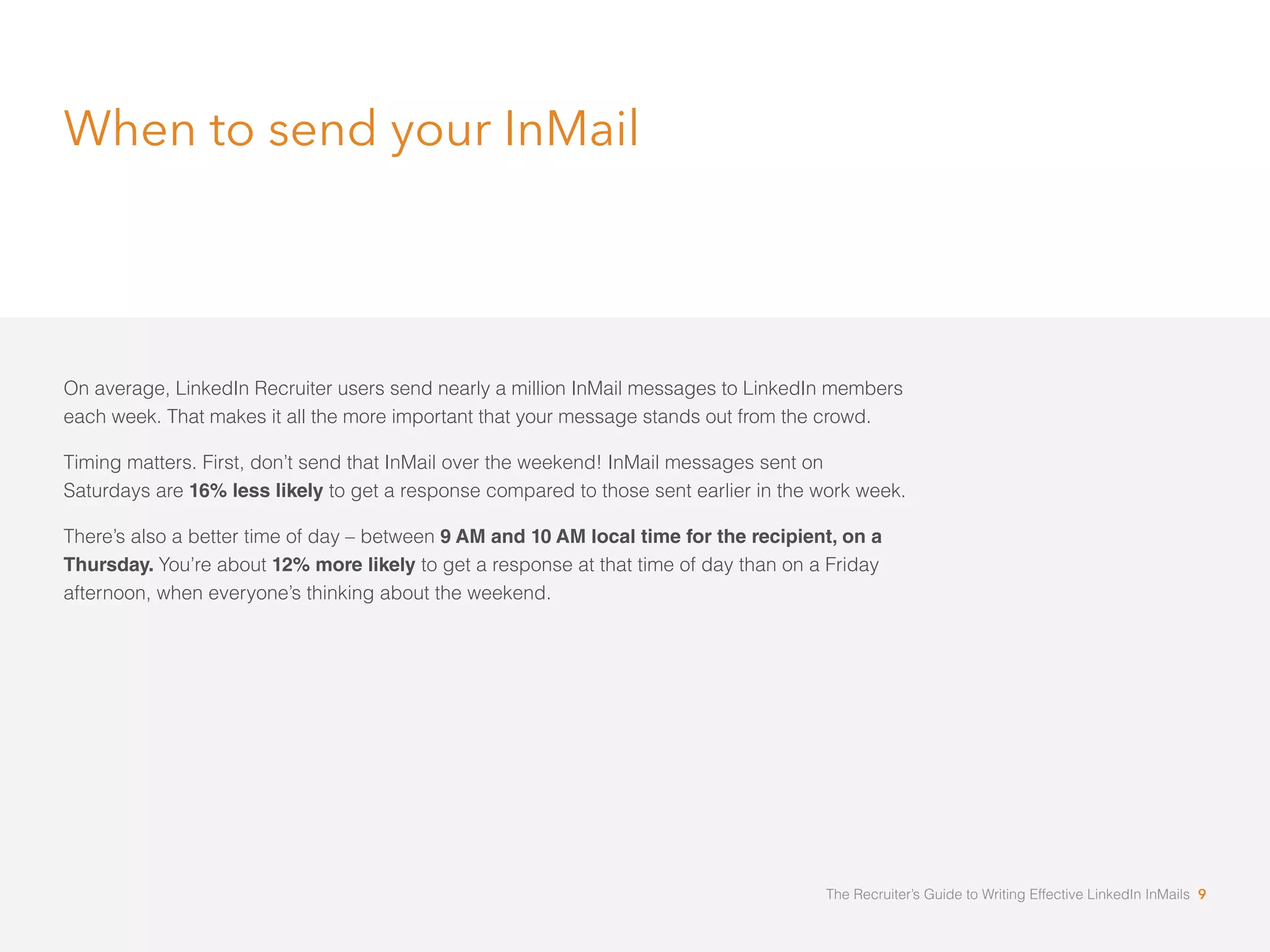 When to send your InMail 
On average, LinkedIn Recruiter users send nearly a million InMail messages to LinkedIn members 
each week. That makes it all the more important that your message stands out from the crowd. 
Timing matters. First, don’t send that InMail over the weekend! InMail messages sent on 
Saturdays are 16% less likely to get a response compared to those sent earlier in the work week. 
There’s also a better time of day – between 9 AM and 10 AM local time for the recipient, on a 
Thursday. You’re about 12% more likely to get a response at that time of day than on a Friday 
afternoon, when everyone’s thinking about the weekend. 
The Recruiter’s Guide to Writing Effective LinkedIn InMails 9 
 