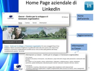 Home Page aziendale di
      LinkedIn
                         Home
                         dell’azienda




                         Aggiornamenti



                   Informazioni
                   su Cesvor




                                    8
 