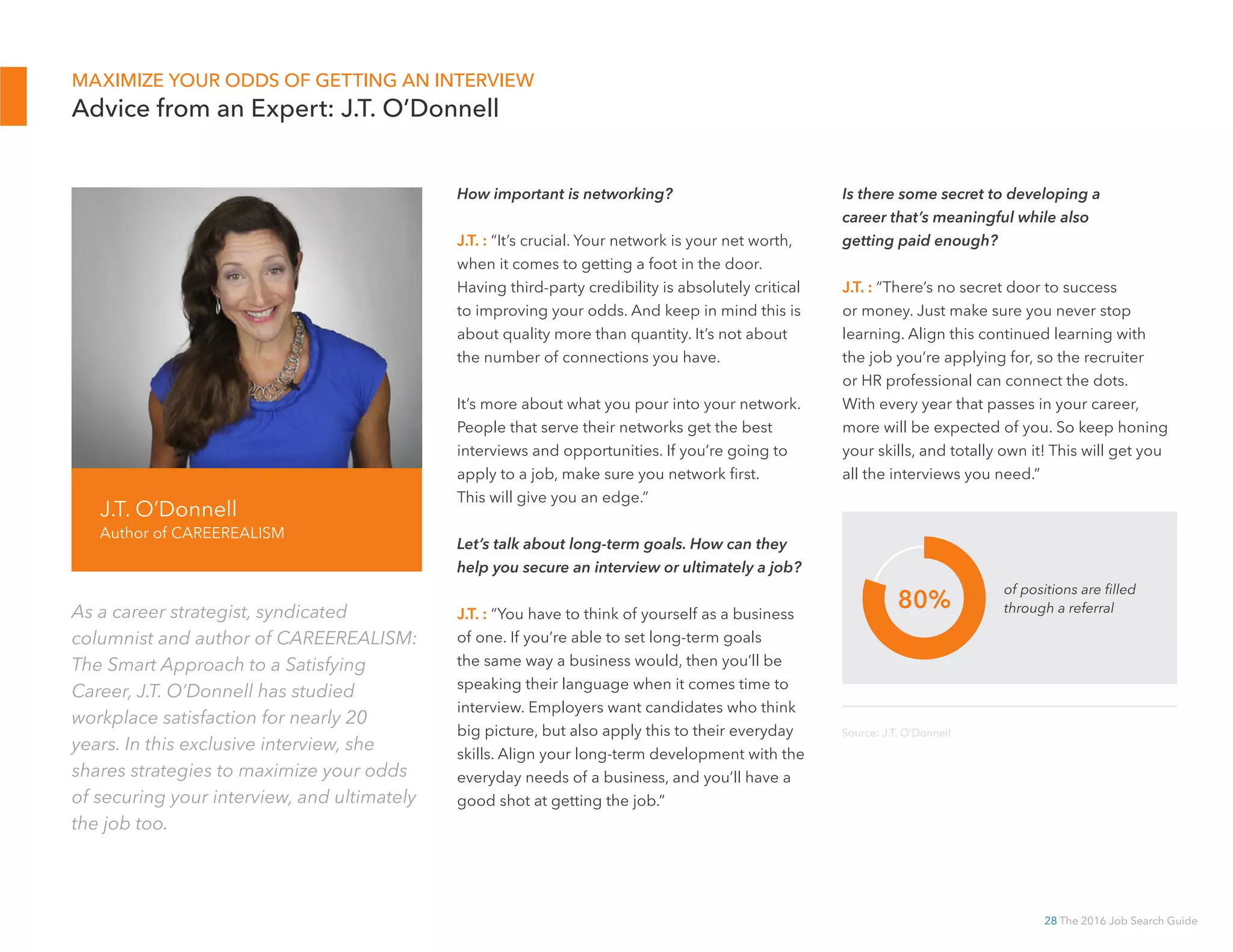 28 The 2016 Job Search Guide
MAXIMIZE YOUR ODDS OF GETTING AN INTERVIEW
Advice from an Expert: J.T. O’Donnell
How important is networking?
J.T. : “It’s crucial. Your network is your net worth,
when it comes to getting a foot in the door.
Having third-party credibility is absolutely critical
to improving your odds. And keep in mind this is
about quality more than quantity. It’s not about
the number of connections you have.
It’s more about what you pour into your network.
People that serve their networks get the best
interviews and opportunities. If you’re going to
apply to a job, make sure you network first.
This will give you an edge.”
Let’s talk about long-term goals. How can they
help you secure an interview or ultimately a job?
J.T. : “You have to think of yourself as a business
of one. If you’re able to set long-term goals
the same way a business would, then you’ll be
speaking their language when it comes time to
interview. Employers want candidates who think
big picture, but also apply this to their everyday
skills. Align your long-term development with the
everyday needs of a business, and you’ll have a
good shot at getting the job.”
Is there some secret to developing a
career that’s meaningful while also
getting paid enough?
J.T. : “There’s no secret door to success
or money. Just make sure you never stop
learning. Align this continued learning with
the job you’re applying for, so the recruiter
or HR professional can connect the dots.
With every year that passes in your career,
more will be expected of you. So keep honing
your skills, and totally own it! This will get you
all the interviews you need.”
80%
of positions are filled
through a referral
J.T. O’Donnell
Author of CAREEREALISM
As a career strategist, syndicated
columnist and author of CAREEREALISM:
The Smart Approach to a Satisfying
Career, J.T. O’Donnell has studied
workplace satisfaction for nearly 20
years. In this exclusive interview, she
shares strategies to maximize your odds
of securing your interview, and ultimately
the job too.
Source: J.T. O’Donnell
 