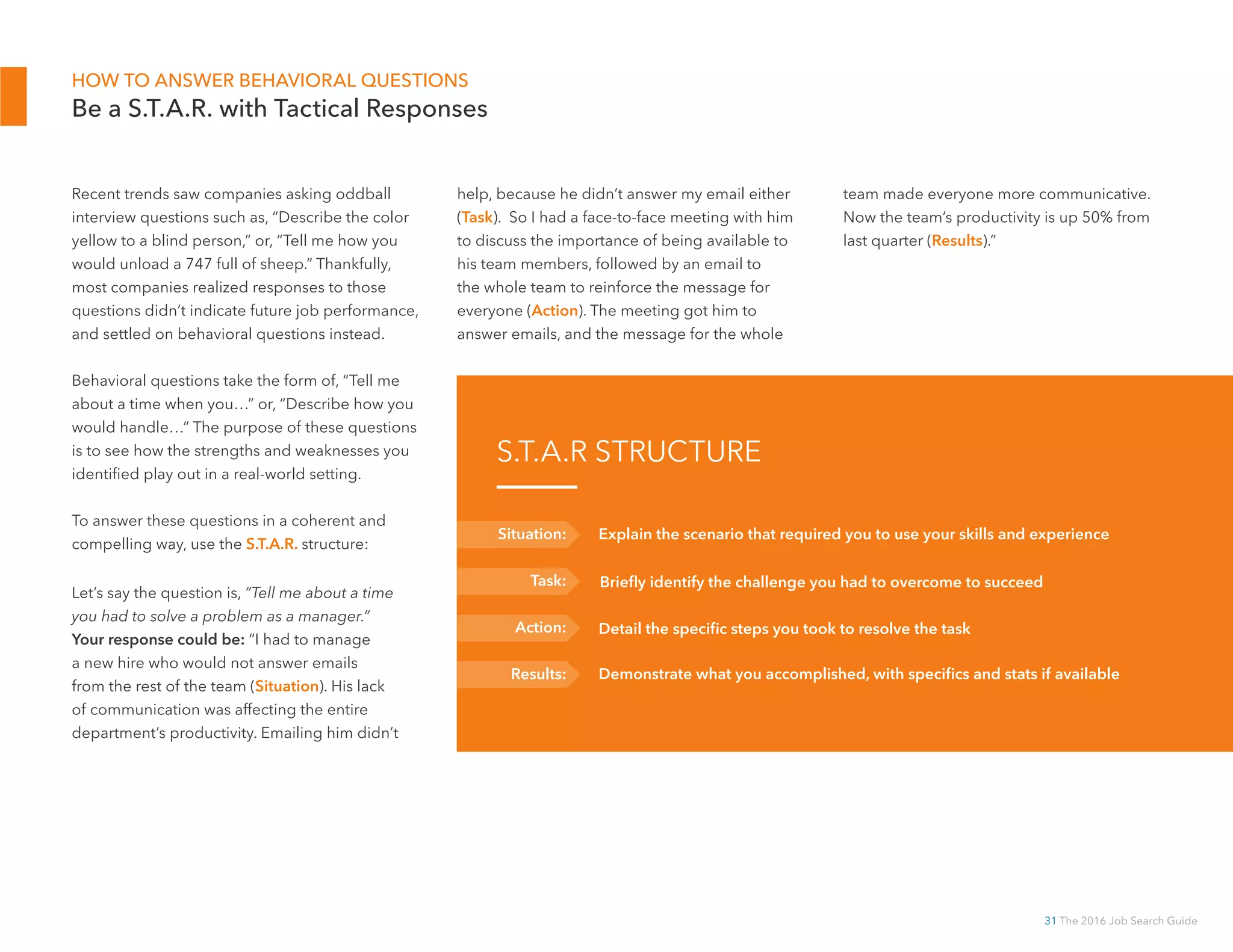 31 The 2016 Job Search Guide
HOW TO ANSWER BEHAVIORAL QUESTIONS
Be a S.T.A.R. with Tactical Responses
Recent trends saw companies asking oddball
interview questions such as, “Describe the color
yellow to a blind person,” or, “Tell me how you
would unload a 747 full of sheep.” Thankfully,
most companies realized responses to those
questions didn’t indicate future job performance,
and settled on behavioral questions instead.
Behavioral questions take the form of, “Tell me
about a time when you…” or, “Describe how you
would handle…” The purpose of these questions
is to see how the strengths and weaknesses you
identified play out in a real-world setting.
To answer these questions in a coherent and
compelling way, use the S.T.A.R. structure:
Let’s say the question is, “Tell me about a time
you had to solve a problem as a manager.”
Your response could be: “I had to manage
a new hire who would not answer emails
from the rest of the team (Situation). His lack
of communication was affecting the entire
department’s productivity. Emailing him didn’t
Situation:
Task:
Action:
Results:
Explain the scenario that required you to use your skills and experience
Briefly identify the challenge you had to overcome to succeed
Detail the specific steps you took to resolve the task
Demonstrate what you accomplished, with specifics and stats if available
S.T.A.R STRUCTURE
help, because he didn’t answer my email either
(Task). So I had a face-to-face meeting with him
to discuss the importance of being available to
his team members, followed by an email to
the whole team to reinforce the message for
everyone (Action). The meeting got him to
answer emails, and the message for the whole
team made everyone more communicative.
Now the team’s productivity is up 50% from
last quarter (Results).”
 