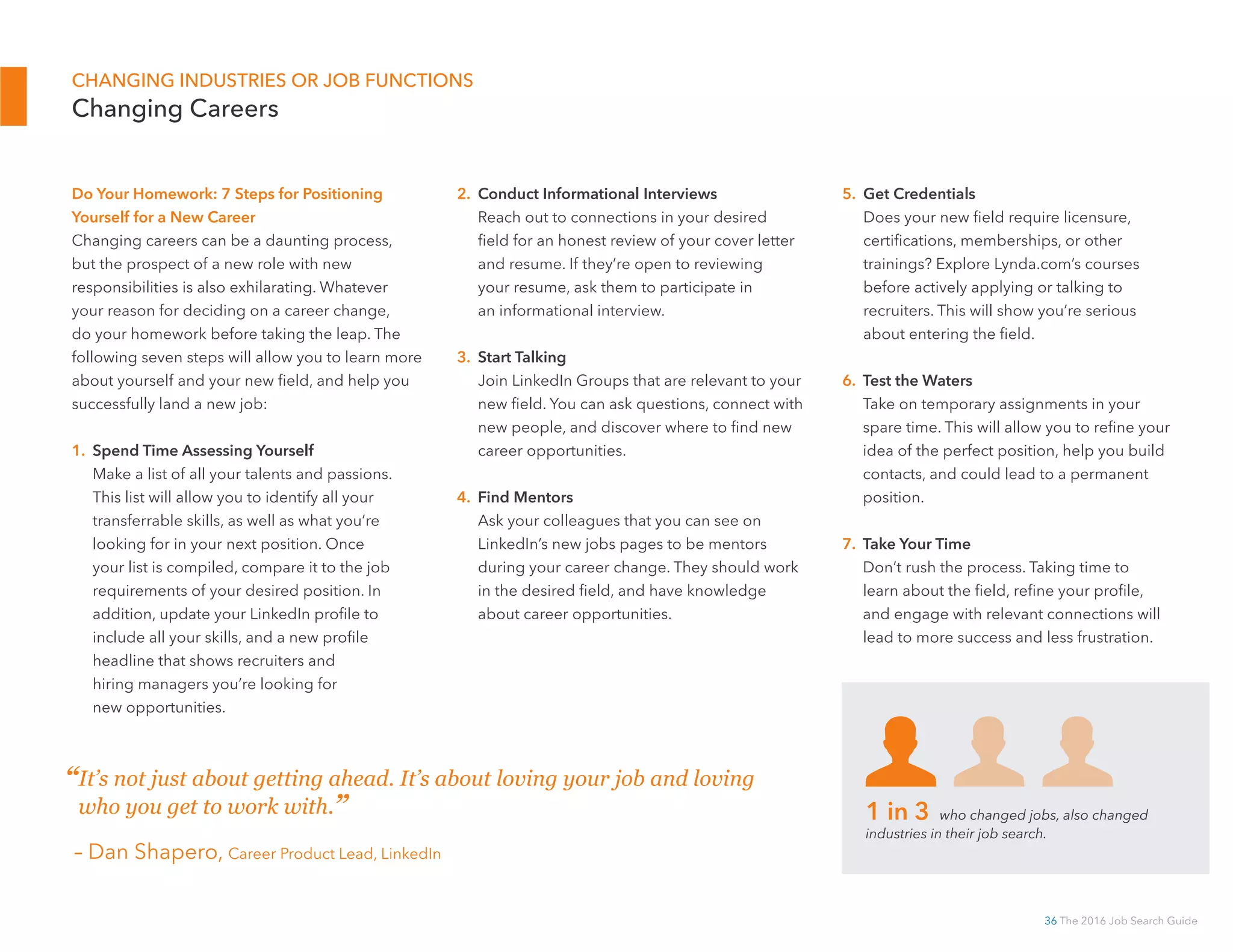 36 The 2016 Job Search Guide
CHANGING INDUSTRIES OR JOB FUNCTIONS
Changing Careers
Do Your Homework: 7 Steps for Positioning
Yourself for a New Career
Changing careers can be a daunting process,
but the prospect of a new role with new
responsibilities is also exhilarating. Whatever
your reason for deciding on a career change,
do your homework before taking the leap. The
following seven steps will allow you to learn more
about yourself and your new field, and help you
successfully land a new job:
1. Spend Time Assessing Yourself
Make a list of all your talents and passions.
This list will allow you to identify all your
transferrable skills, as well as what you’re
looking for in your next position. Once
your list is compiled, compare it to the job
requirements of your desired position. In
addition, update your LinkedIn profile to
include all your skills, and a new profile
headline that shows recruiters and
hiring managers you’re looking for
new opportunities.
2. Conduct Informational Interviews
Reach out to connections in your desired
field for an honest review of your cover letter
and resume. If they’re open to reviewing
your resume, ask them to participate in
an informational interview.
3. Start Talking
Join LinkedIn Groups that are relevant to your
new field. You can ask questions, connect with
new people, and discover where to find new
career opportunities.
4. Find Mentors
Ask your colleagues that you can see on
LinkedIn’s new jobs pages to be mentors
during your career change. They should work
in the desired field, and have knowledge
about career opportunities.
5. Get Credentials
Does your new field require licensure,
certifications, memberships, or other
trainings? Explore Lynda.com’s courses
before actively applying or talking to
recruiters. This will show you’re serious
about entering the field.
6. Test the Waters
Take on temporary assignments in your
spare time. This will allow you to refine your
idea of the perfect position, help you build
contacts, and could lead to a permanent
position.
7. Take Your Time
Don’t rush the process. Taking time to
learn about the field, refine your profile,
and engage with relevant connections will
lead to more success and less frustration.
1 in 3 who changed jobs, also changed
industries in their job search.
“It’s not just about getting ahead. It’s about loving your job and loving
who you get to work with.”
– Dan Shapero, Career Product Lead, LinkedIn
 
