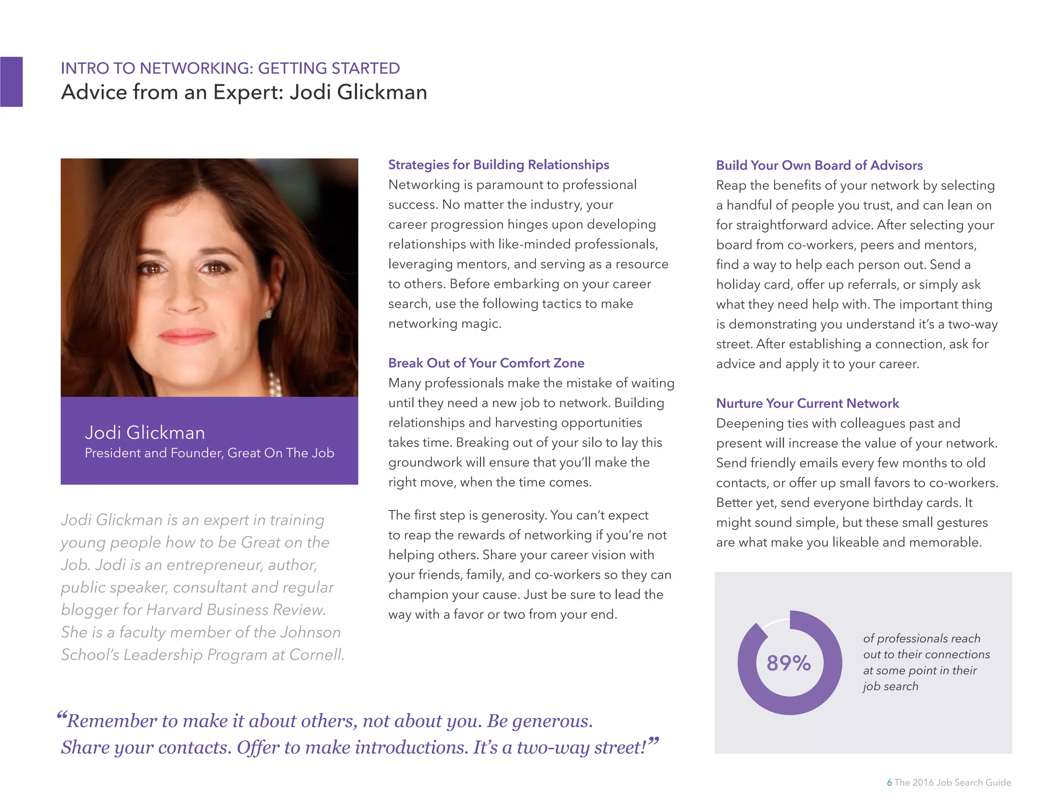 6 The 2016 Job Search Guide
Strategies for Building Relationships
Networking is paramount to professional
success. No matter the industry, your
career progression hinges upon developing
relationships with like-minded professionals,
leveraging mentors, and serving as a resource
to others. Before embarking on your career
search, use the following tactics to make
networking magic.
Break Out of Your Comfort Zone
Many professionals make the mistake of waiting
until they need a new job to network. Building
relationships and harvesting opportunities
takes time. Breaking out of your silo to lay this
groundwork will ensure that you’ll make the
right move, when the time comes.
The first step is generosity. You can’t expect
to reap the rewards of networking if you’re not
helping others. Share your career vision with
your friends, family, and co-workers so they can
champion your cause. Just be sure to lead the
way with a favor or two from your end.
Build Your Own Board of Advisors
Reap the benefits of your network by selecting
a handful of people you trust, and can lean on
for straightforward advice. After selecting your
board from co-workers, peers and mentors,
find a way to help each person out. Send a
holiday card, offer up referrals, or simply ask
what they need help with. The important thing
is demonstrating you understand it’s a two-way
street. After establishing a connection, ask for
advice and apply it to your career.
Nurture Your Current Network
Deepening ties with colleagues past and
present will increase the value of your network.
Send friendly emails every few months to old
contacts, or offer up small favors to co-workers.
Better yet, send everyone birthday cards. It
might sound simple, but these small gestures
are what make you likeable and memorable.
Jodi Glickman
President and Founder, Great On The Job
INTRO TO NETWORKING: GETTING STARTED
Advice from an Expert: Jodi Glickman
“Remember to make it about others, not about you. Be generous.
Share your contacts. Offer to make introductions. It’s a two-way street!”
of professionals reach
out to their connections
at some point in their
job search
89%
Jodi Glickman is an expert in training
young people how to be Great on the
Job. Jodi is an entrepreneur, author,
public speaker, consultant and regular
blogger for Harvard Business Review.
She is a faculty member of the Johnson
School’s Leadership Program at Cornell.
 