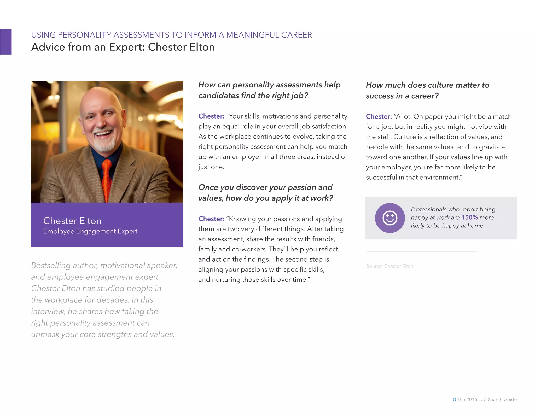 8 The 2016 Job Search Guide
USING PERSONALITY ASSESSMENTS TO INFORM A MEANINGFUL CAREER
Advice from an Expert: Chester Elton
How can personality assessments help
candidates find the right job?
Chester: “Your skills, motivations and personality
play an equal role in your overall job satisfaction.
As the workplace continues to evolve, taking the
right personality assessment can help you match
up with an employer in all three areas, instead of
just one.
Once you discover your passion and
values, how do you apply it at work?
Chester: “Knowing your passions and applying
them are two very different things. After taking
an assessment, share the results with friends,
family and co-­workers. They’ll help you reflect
and act on the findings. The second step is
aligning your passions with specific skills,
and nurturing those skills over time.”
How much does culture matter to
success in a career?
Chester: “A lot. On paper you might be a match
for a job, but in reality you might not vibe with
the staff. Culture is a reflection of values, and
people with the same values tend to gravitate
toward one another. If your values line up with
your employer, you’re far more likely to be
successful in that environment.”
Chester Elton
Employee Engagement Expert
Bestselling author, motivational speaker,
and employee engagement expert
Chester Elton has studied people in
the workplace for decades. In this
interview, he shares how taking the
right personality assessment can
unmask your core strengths and values.
Professionals who report being
happy at work are 150% more
likely to be happy at home.
Source: Chester Elton
 