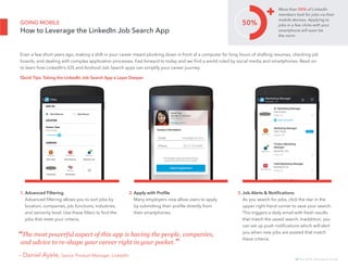 18 The 2016 Job Search Guide
GOING MOBILE
How to Leverage the LinkedIn Job Search App
Even a few short years ago, making a...