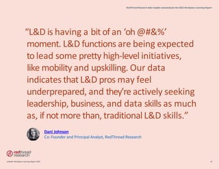 “L&D is having a bit of an ‘oh@#&%’
moment. L&D functions are being expected
to lead some pretty high-level initiatives,
like mobility and upskilling. Our data
indicates that L&D pros may feel
underprepared, and they’re actively seeking
leadership, business, and data skills as much
as, if notmore than, traditional L&D skills.”
Dani Johnson
Co-Founder and Principal Analyst, RedThread Research
RedThread Research data insights exclusively for the 2022 Workplace Learning Report
LinkedIn Workplace Learning Report 2022 28
 