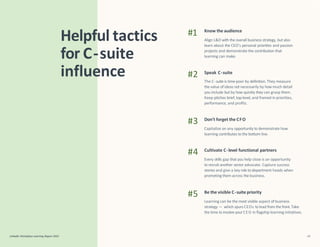 Helpful tactics
for C-suite
influence
LinkedIn Workplace Learning Report 2022 43
#1
#2
#3
#4
#5
Know the audience
Align L&D with the overall business strategy, but also
learn about the CEO’s personal priorities and passion
projects and demonstrate the contribution that
learning can make.
Speak C-suite
The C-suite is time-poor by definition. They measure
thevalue of ideas not necessarily by how much detail
you include but by how quickly they can grasp them.
Keep pitches brief, top-level, and framed in priorities,
performance, and profits.
Don’t forget the CFO
Capitalize on any opportunity to demonstrate how
learning contributes to the bottom line.
Cultivate C-level functional partners
Every skills gap that you help close is an opportunity
to recruit another senior advocate. Capture success
stories and give a key role to department heads when
promoting them across the business.
Be the visible C-suite priority
Learning can be the most visible aspect of business
strategy — which spurs CEOs to lead from the front.Take
the time to involve your CEO in flagship learning initiatives.
 
