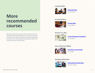Leadership Skills
Influencing Others
by John Ullmen
Change Management Foundations
by Scott Mautz
Business Core Skills
Personal Readiness
Learning Agility
by Gary Bolles
Data and Decision-Making
Data-Driven Learning Design
by Lori Niles
Managing Relationships
Building Business Relationships
by Simon T. Bailey
More
recommended
courses
LinkedIn Workplace Learning Report 2022 48
We’ve also compiled ourown list of recommended courses we
think L&D leaders should take this year. These course selections
are based on data from both LinkedIn and RedThread Research,
and they focus on skills we believe learning leaders will need to
succeed as the future of L&D unfolds.
 