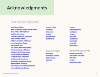 Jodi Atkinson of Deltek
Rabah Bu Hamdan of National Aviation Services
Alyson DeMaso of Raising Beauty
Nigel Dias of 3n Strategy
Torrance L. Ford of Shaw Industries, Inc.
Danny Guillory of Dropbox
Jeff Hahn of LexisNexis Risk Solutions
Serena Huang, PhD, of Paypal
Sean Hudson of Pfizer
Dani Johnson of RedThread Research
Amanda Kowal Kenyon of Ketchum
Stella Lee, PhD, of Paradox Learning
Crystal Lim-Lange of Forest Wolf
Lori Niles-Hofmann of NilesNolen
David Perring of Fosway Group
Andrew Saidy of Ubisoft International
Nikhil Shahane of TechnipFMC
Stacia Sherman Garr of RedThread Research
Johanna Bolin Tingvall of Spotify
LinkedIn Voices
Gogi Anand
Melissa Barry
Linda Cai
Kenji Matsumoto
Ryan Roslansky
Creative
Andrew DeBenedictis
David Dodge
Tim Dolen
Kevin Frank
Jared Freeden
Kaelin McGill
Rachel Mui
Chase Stevens
Editorial and Thought Leadership
Laurie Moot, lead editor
Anne McSilver, PDF report
Ellen Gomes
Kris Kitto
Anthony Santa Maria
Research and Insights
Eric Knudsen
LinkedIn Workplace Learning Report 2022 53
Gopika Maya Santhosh
Stephanie Scalice
Kai Stritter
This report was informed by contributions frompeople
around the world,to whom we owe our sincere thanks.
Acknowledgments
 