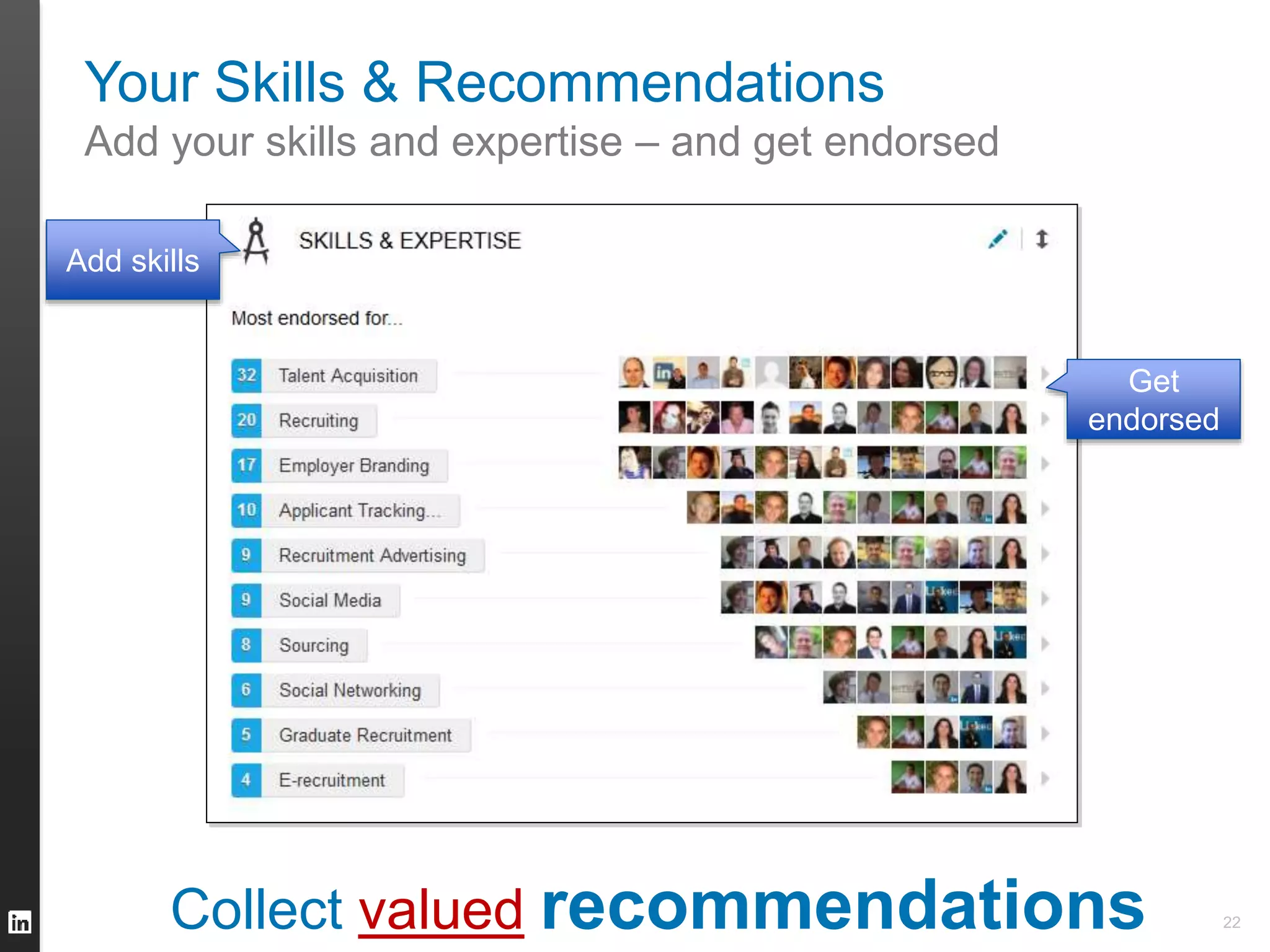 Your Skills & Recommendations 
Add your skills and expertise – and get endorsed 
Add skills 
Get 
endorsed 
22 Collect valued recommendations 
 