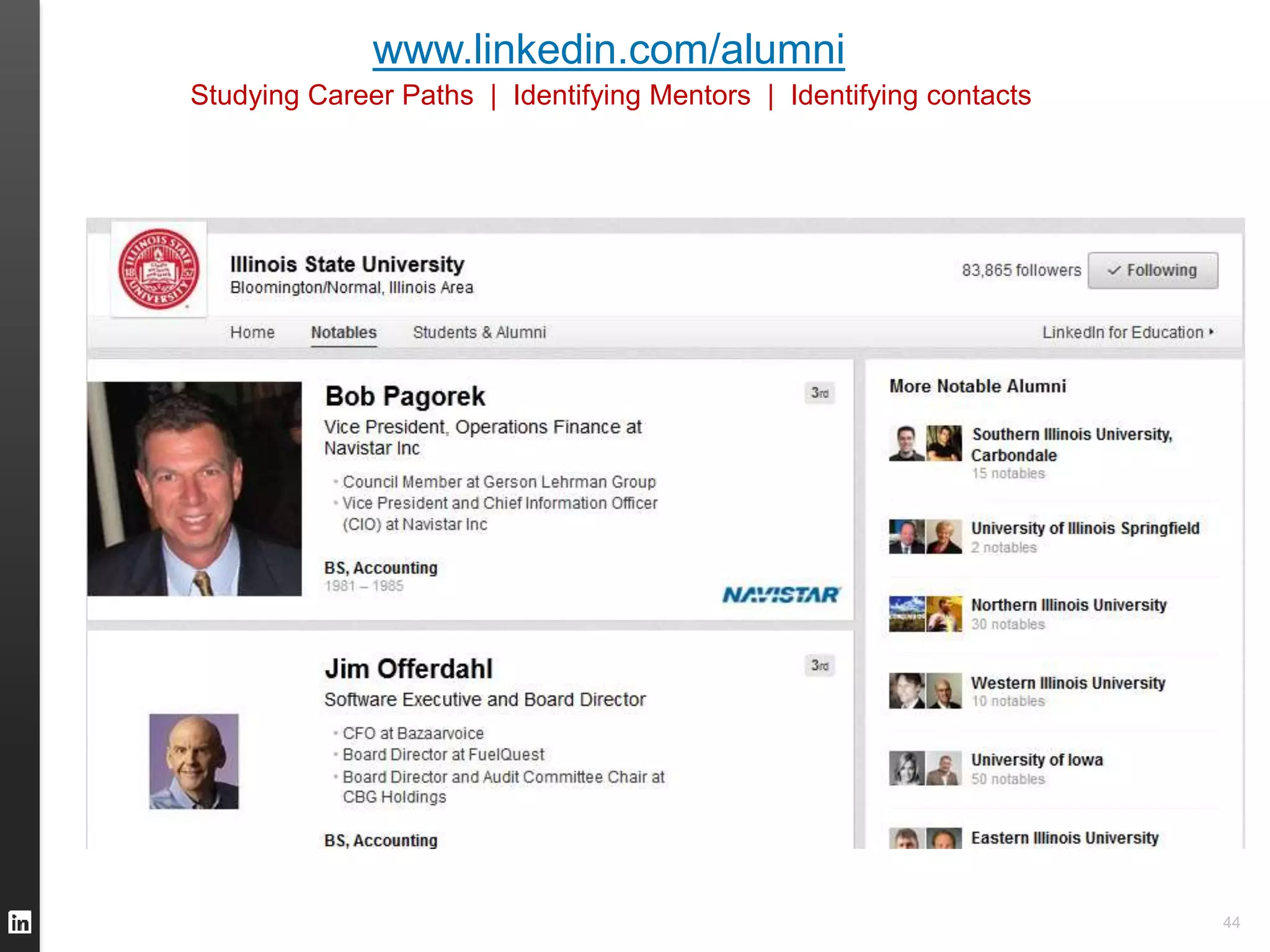 44 
www.linkedin.com/alumni 
Studying Career Paths | Identifying Mentors | Identifying contacts 
 