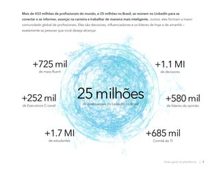 Mais de 433 milhões de profissionais do mundo, e 25 milhões no Brasil, se reúnem no LinkedIn para se
conectar e se informar, avançar na carreira e trabalhar de maneira mais inteligente. Juntos, eles formam a maior
comunidade global de profissionais. Eles são decisores, influenciadores e os líderes de hoje e de amanhã —
exatamente as pessoas que você deseja alcançar.
+725 mil
de mass fluent
+1.7 MI
de estudantes
+252 mil
de Executivos C-Level
25milhõesde profissionais no LinkedIn no Brasil
+1.1MI
de decisores
+685mil
Comitê de TI
+580mil
de líderes de opinião
Visão geral da plataforma | 4
 