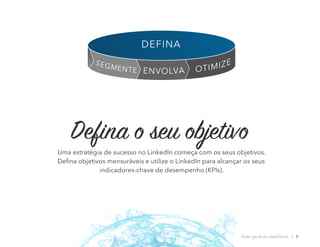 Defina o seu objetivo
Uma estratégia de sucesso no LinkedIn começa com os seus objetivos.
Defina objetivos mensuráveis e utilize o LinkedIn para alcançar os seus
indicadores-chave de desempenho (KPIs).
Visão geral da plataforma | 8
OTIMIZE
ENVOLVA
SEGMENTE
DEFINA
 