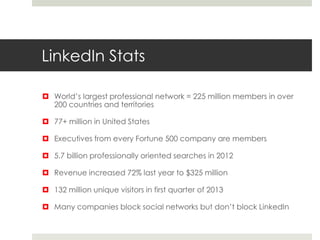 LinkedIn Stats
 World’s largest professional network = 225 million members in over
200 countries and territories
 77+ million in United States
 Executives from every Fortune 500 company are members
 5.7 billion professionally oriented searches in 2012
 Revenue increased 72% last year to $325 million
 132 million unique visitors in first quarter of 2013
 Many companies block social networks but don’t block LinkedIn
 