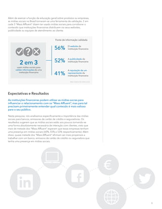 6
Além de exercer a função de educação geral sobre produtos ou empresas,
as mídias sociais no Brasil tornaram-se uma ferramenta de validação. 2 em
cada 3 “Mass Afﬂuent” dizem ter usado mídias sociais para corroborar o
conteúdo que instituições ﬁnanceiras distribuem via seus websites,
publicidade ou equipes de atendimento ao cliente.
Expectativas e Resultados
As instituições ﬁnanceiras podem utilizar as mídias socias para
inﬂuenciar o relacionamento com os “Mass Afﬂuent”, mas para tal
precisam primeiramente entender qual conteúdo é mais valioso
para o seu público.
Nesta pesquisa, nós analisamos especiﬁcamente a importância das mídias
sociais para bancos, emissoras de cartão de crédito e seguradoras. Os
resultados sugerem que as mídias sociais estão aos poucos tornando-se
uma forma absolutamente necessária de interação com clientes, visto que
mais de metade dos “Mass Afﬂuent” esperam que essas empresas tenham
uma presença em mídias sociais (60%, 55% e 53% respectivamente). Além
disso, quase metade dos “Mass Afﬂuent” aﬁrmam ser mais propensos a
trabalhar com um banco, emissora de cartão de crédito ou seguradora que
tenha uma presença em mídias sociais.
2 em 3
usam mídias sociais para
validar informações de uma
instituição ﬁnanceira
O website da
instituição ﬁnanceira56%
A publicidade da
instituição ﬁnanceira52%
Fonte de informação validada
A reputação de um
representante da
instituição ﬁnanceira
41%
Base: Usuários de mídias sociais
 