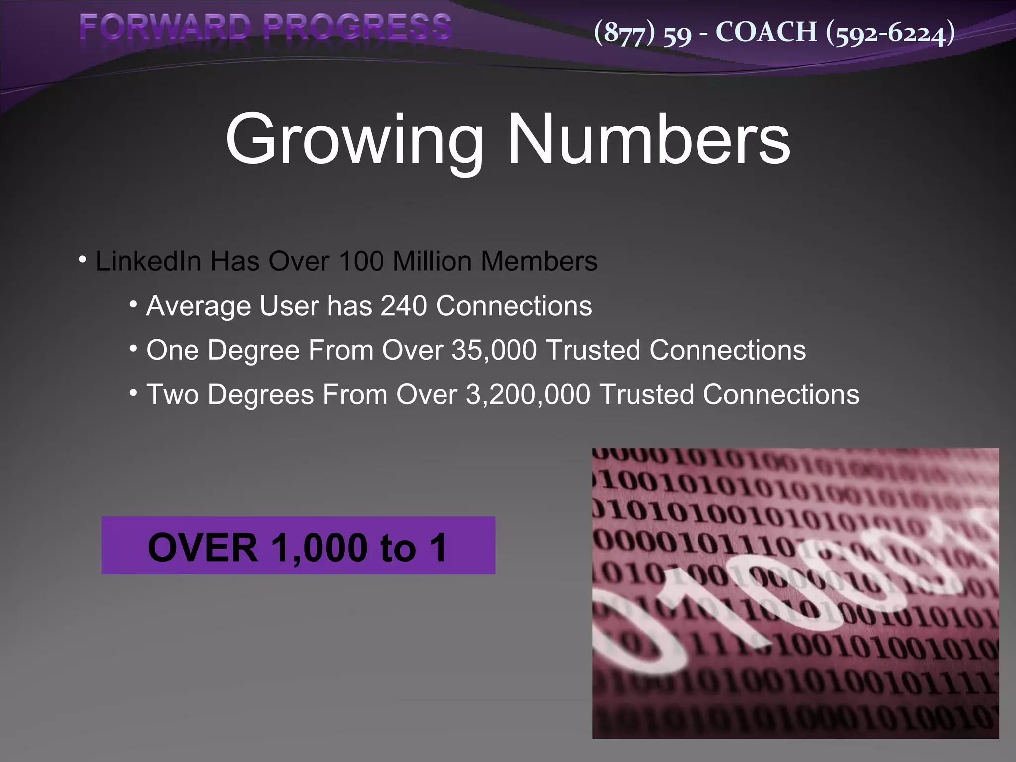 Growing Numbers LinkedIn Has Over 100 Million Members Average User has 240 Connections One Degree From Over 35,000 Trusted Connections Two Degrees From Over 3,200,000 Trusted Connections OVER 1,000 to 1 