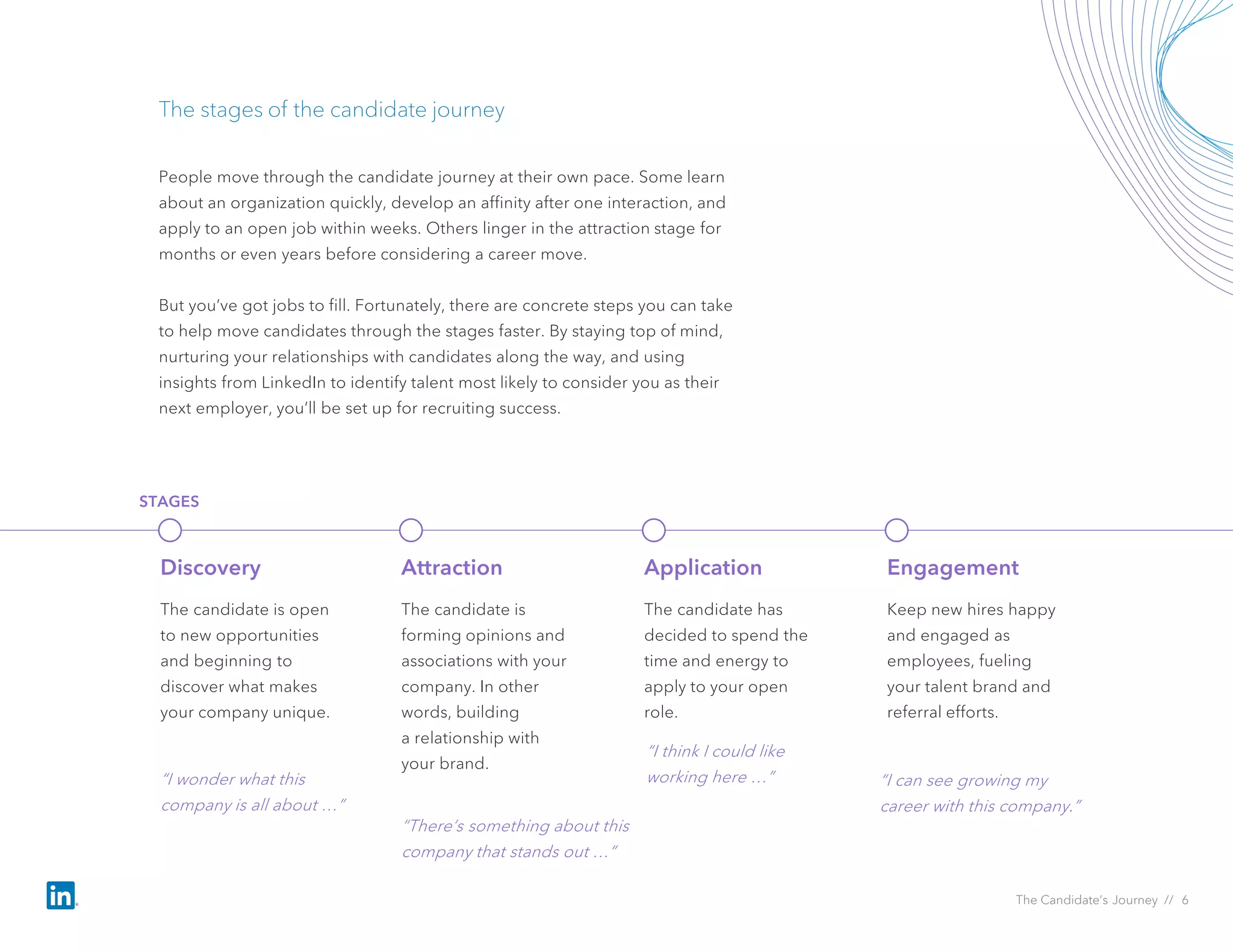 People move through the candidate journey at their own pace. Some learn
about an organization quickly, develop an affinity after one interaction, and
apply to an open job within weeks. Others linger in the attraction stage for
months or even years before considering a career move.
But you’ve got jobs to fill. Fortunately, there are concrete steps you can take
to help move candidates through the stages faster. By staying top of mind,
nurturing your relationships with candidates along the way, and using
insights from LinkedIn to identify talent most likely to consider you as their
next employer, you’ll be set up for recruiting success.
The stages of the candidate journey
The candidate is open
to new opportunities
and beginning to
discover what makes
your company unique.
The candidate is
forming opinions and
associations with your
company. In other
words, building
a relationship with
your brand.
The candidate has
decided to spend the
time and energy to
apply to your open
role.
Keep new hires happy
and engaged as
employees, fueling
your talent brand and
referral efforts.
Discovery Attraction Application Engagement
“I wonder what this
company is all about …”
“There’s something about this
company that stands out …”
“I think I could like
working here …”
STAGES
The Candidate’s Journey // 6
“I can see growing my
career with this company.”
 