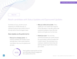Attraction › Status Updates and Sponsored Updates // 19
Reach candidates with Status Updates and Sponsored Updates
Candidates are busy, and with so much
happening on LinkedIn every day, it’s
important to get your best content in front of
the right talent to have the biggest impact.
Status Updates are the perfect tool to:
• Show you’re a strategic partner. By
hooking candidates with valuable content
that helps them in their careers, they’ll be
more likely to rely on you for guidance and
job leads.
• Make you visible and accessible. Status
updates are a non-invasive way to stay top
of mind. Be patient: it may take a while to get
a potential candidate on board. Win their
attention and loyalty now; hire them later.
• Extend your reach. The more likes,
comments and shares your content receives,
the more broadly it reaches throughout the
LinkedIn network. Take advantage of your
employees’ established relationships with
talent by making it easy for them to share
your content.
STAGE TWO: ATTRACTION
45%
Status updates containing links can have
up to 45% higher follower engagement
than updates without links.
Step one
 