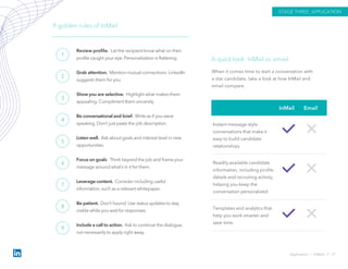 Application › InMails // 27
STAGE THREE: APPLICATION
Review profile. Let the recipient know what on their
profile caught your eye. Personalization is flattering.
Grab attention. Mention mutual connections. LinkedIn
suggests them for you.
Show you are selective. Highlight what makes them
appealing. Compliment them sincerely.
Be conversational and brief. Write as if you were
speaking. Don’t just paste the job description.
Listen well. Ask about goals and interest level in new
opportunities.
Focus on goals. Think beyond the job and frame your
message around what’s in it for them.
Leverage content. Consider including useful
information, such as a relevant whitepaper.
Be patient. Don’t hound. Use status updates to stay
visible while you wait for responses.
Include a call to action. Ask to continue the dialogue,
not necessarily to apply right away.
9 golden rules of InMail
1
2
3
4
5
6
7
8
9
InMail Email
Instant message-style
conversations that make it
easy to build candidate
relationships
Readily-available candidate
information, including profile
details and recruiting activity,
helping you keep the
conversation personalized
Templates and analytics that
help you work smarter and
save time.
A quick look: InMail vs. email
When it comes time to start a conversation with
a star candidate, take a look at how InMail and
email compare.
 