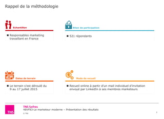 48VF83-Le marketeur moderne – Présentation des résultats
© TNS
Echantillon
Rappel de la méthodologie
2
 Responsables marketing
travaillant en France
 Recueil online à partir d’un mail individuel d’invitation
envoyé par LinkedIn à ses membres marketeurs
Mode de recueil
 Le terrain s’est déroulé du
9 au 17 juillet 2015
Dates de terrain
Bilan de participation
 521 répondants
 