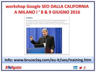 5
workshop Google SEO DALLA CALIFORNIA
A MILANO l ‘ 8 & 9 GIUGNO 2016
Info: www.bruceclay.com/eu-it/seo/training.htm
 
