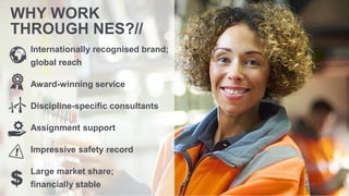 Internationally recognised brand;
global reach
Award-winning service
Discipline-specific consultants
Assignment support
Impressive safety record
Large market share;
financially stable
WHY WORK
THROUGH NES?//
$
 