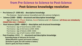 from Pre-Science to Science to Post-Science
Post-Science knowledge revolution
• Pre-Science (?- 1500 AD) – mostly descriptive knowledge
Pre-Science : Social science (morality) and Life science (religion).
• Science (1500 – 2000) – structural and descriptive knowledge
Age of Science : Physical Science, Social Science and Life Science ( all three are mistakenly
mixed into one -> Science.)
• Post-Science (2000 – 4000+) – descriptive and structural knowledge
Post-Science : Age of Social Science (2000 -2500)
Post-Science : Age of Life Science (2500 -3000)
Post-Science : Age of Robotic (3000 -3500)
Post-Science : Age of Self-Creation (3500 -4000+)
. Post-Creation (4000 - ?) - structural and descriptive knowledge
Expanding Range of Tolerance for Survival
(Robot/Machine is good, but human is better.)
(Evolution is good, but self-creation is better.)
(Exact is good, but fuzzy is better.) 1
 
