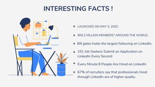 LAUNCHED ON MAY 5, 2002.
900.2 MILLION MEMBERS* AROUND THE WORLD.
Every Minute 8 People Are Hired on LinkedIn
Bill gates holds the largest following on LinkedIn.
101 Job Seekers Submit an Application on
LinkedIn Every Second
67% of recruiters say that professionals hired
through LinkedIn are of higher quality.
INTERESTING FACTS !
 