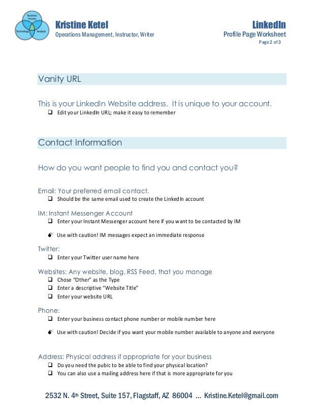LinkedIn Profile Setup Worksheet LinkedIn Profile Setup Worksheet