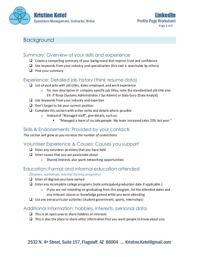 LinkedIn Profile Setup Worksheet LinkedIn Profile Setup Worksheet