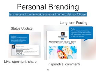 Personal Branding
15
Status Update
Like, comment, share
rispondi ai commenti
Long form Posting
fai crescere il tuo network, aumenta il numero dei tuoi follower
 
