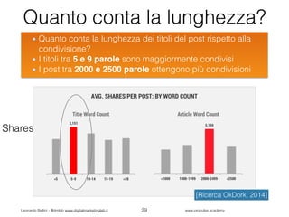 Leonardo Bellini - @dmlab www.digitalmarketinglab.it www,propulse.academy
Quanto conta la lunghezza?
Quanto conta la lunghezza dei titoli del post rispetto alla
condivisione?
I titoli tra 5 e 9 parole sono maggiormente condivisi
I post tra 2000 e 2500 parole ottengono più condivisioni
29
[Ricerca OkDork, 2014]
Shares
 