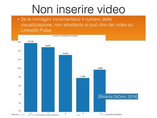 Leonardo Bellini - @dmlab www.digitalmarketinglab.it www,propulse.academy
Non inserire video
Se le immagini incrementano il numero delle
visualizzazione, non altrettanto si può dire dei video su
LinkedIn Pulse
33
[Ricerca OkDork, 2014]
 