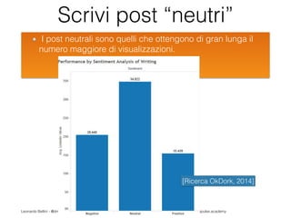 Leonardo Bellini - @dmlab www.digitalmarketinglab.it www,propulse.academy
Scrivi post “neutri”
I post neutrali sono quelli che ottengono di gran lunga il
numero maggiore di visualizzazioni.
35
[Ricerca OkDork, 2014]
 