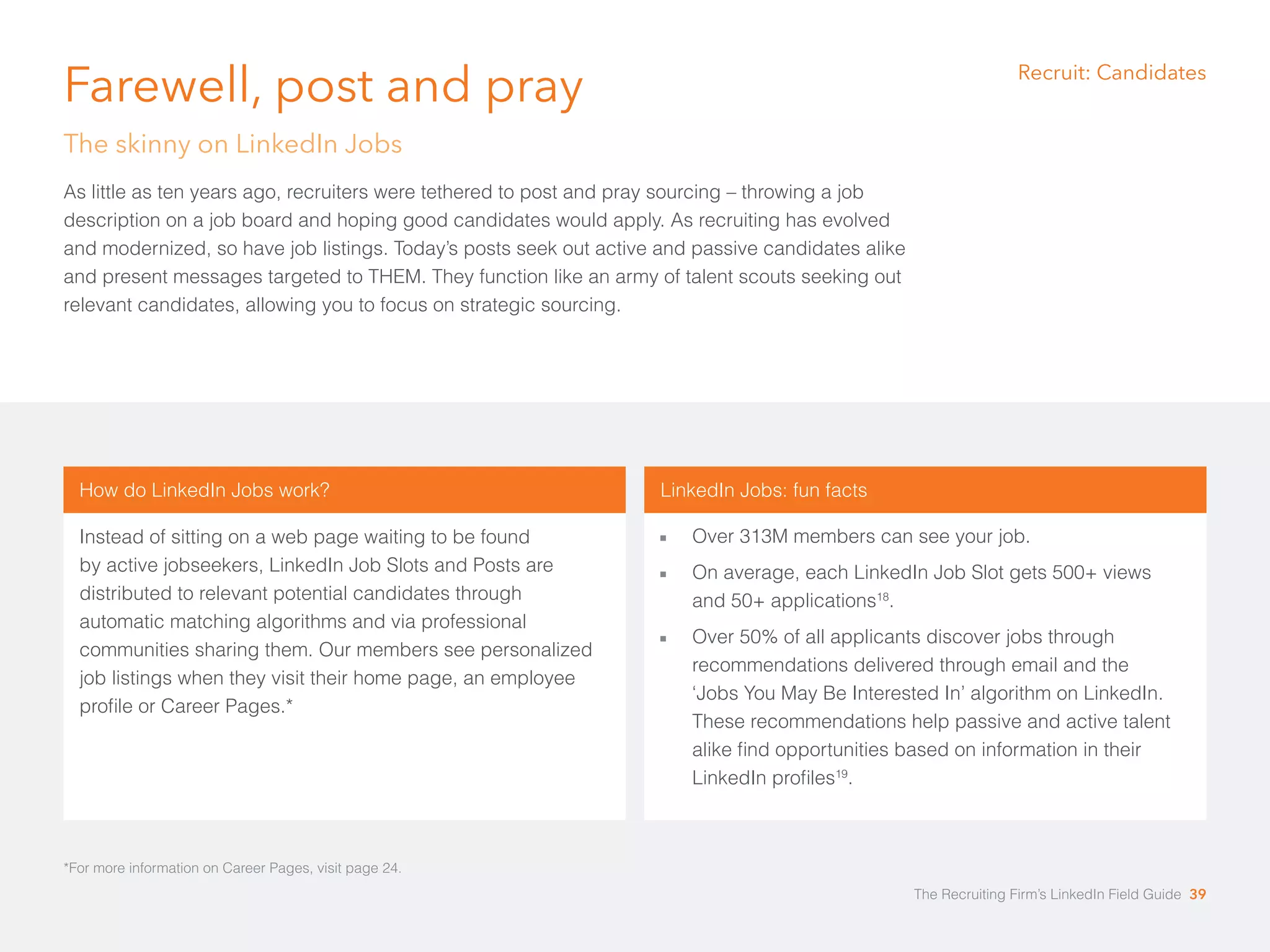 Farewell, post and pray 
The skinny on LinkedIn Jobs 
As little as ten years ago, recruiters were tethered to post and pray sourcing – throwing a job 
description on a job board and hoping good candidates would apply. As recruiting has evolved 
and modernized, so have job listings. Today’s posts seek out active and passive candidates alike 
and present messages targeted to THEM. They function like an army of talent scouts seeking out 
relevant candidates, allowing you to focus on strategic sourcing. 
How do LinkedIn Jobs work? 
Instead of sitting on a web page waiting to be found 
by active jobseekers, LinkedIn Job Slots and Posts are 
distributed to relevant potential candidates through 
automatic matching algorithms and via professional 
communities sharing them. Our members see personalized 
job listings when they visit their home page, an employee 
profile or Career Pages.* 
LinkedIn Jobs: fun facts 
åå Over 313M members can see your job. 
åå On average, each LinkedIn Job Slot gets 500+ views 
and 50+ applications18. 
åå Over 50% of all applicants discover jobs through 
recommendations delivered through email and the 
‘Jobs You May Be Interested In’ algorithm on LinkedIn. 
These recommendations help passive and active talent 
alike find opportunities based on information in their 
LinkedIn profiles19. 
*For more information on Career Pages, visit page 24. 
Recruit: Candidates 
The Recruiting Firm’s LinkedIn Field Guide 39 
 