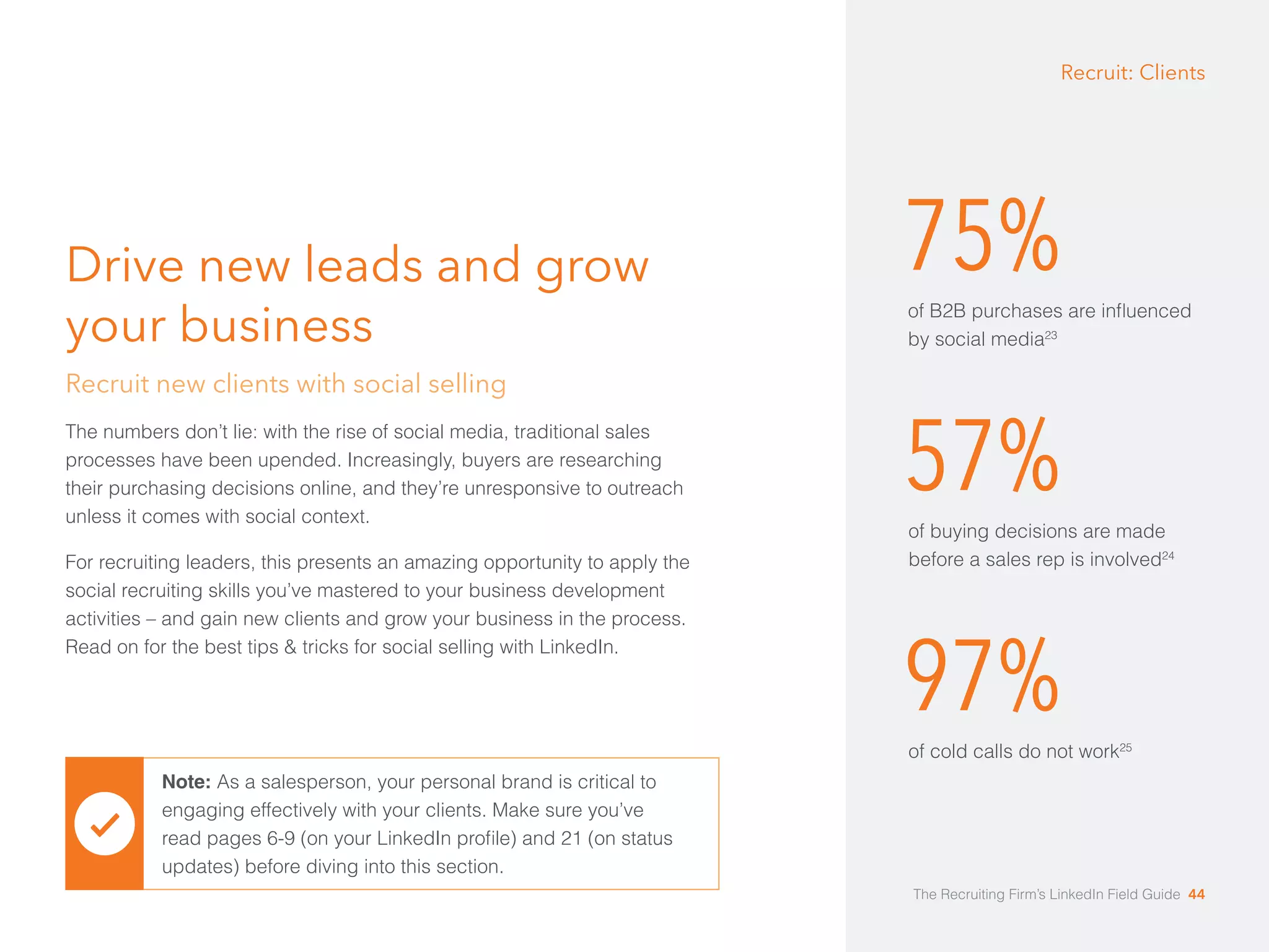 75% Drive new leads and grow 
your business 
Recruit new clients with social selling 
The numbers don’t lie: with the rise of social media, traditional sales 
processes have been upended. Increasingly, buyers are researching 
their purchasing decisions online, and they’re unresponsive to outreach 
unless it comes with social context. 
For recruiting leaders, this presents an amazing opportunity to apply the 
social recruiting skills you’ve mastered to your business development 
activities – and gain new clients and grow your business in the process. 
Read on for the best tips & tricks for social selling with LinkedIn. 
of B2B purchases are influenced 
by social media23 
57% 
of buying decisions are made 
before a sales rep is involved24 
97% 
of cold calls do not work25 
Note: As a salesperson, your personal brand is critical to 
engaging effectively with your clients. Make sure you’ve 
read pages 6-9 (on your LinkedIn profile) and 21 (on status 
updates) before diving into this section. 
Recruit: Clients 
The Recruiting Firm’s LinkedIn Field Guide 44 
 