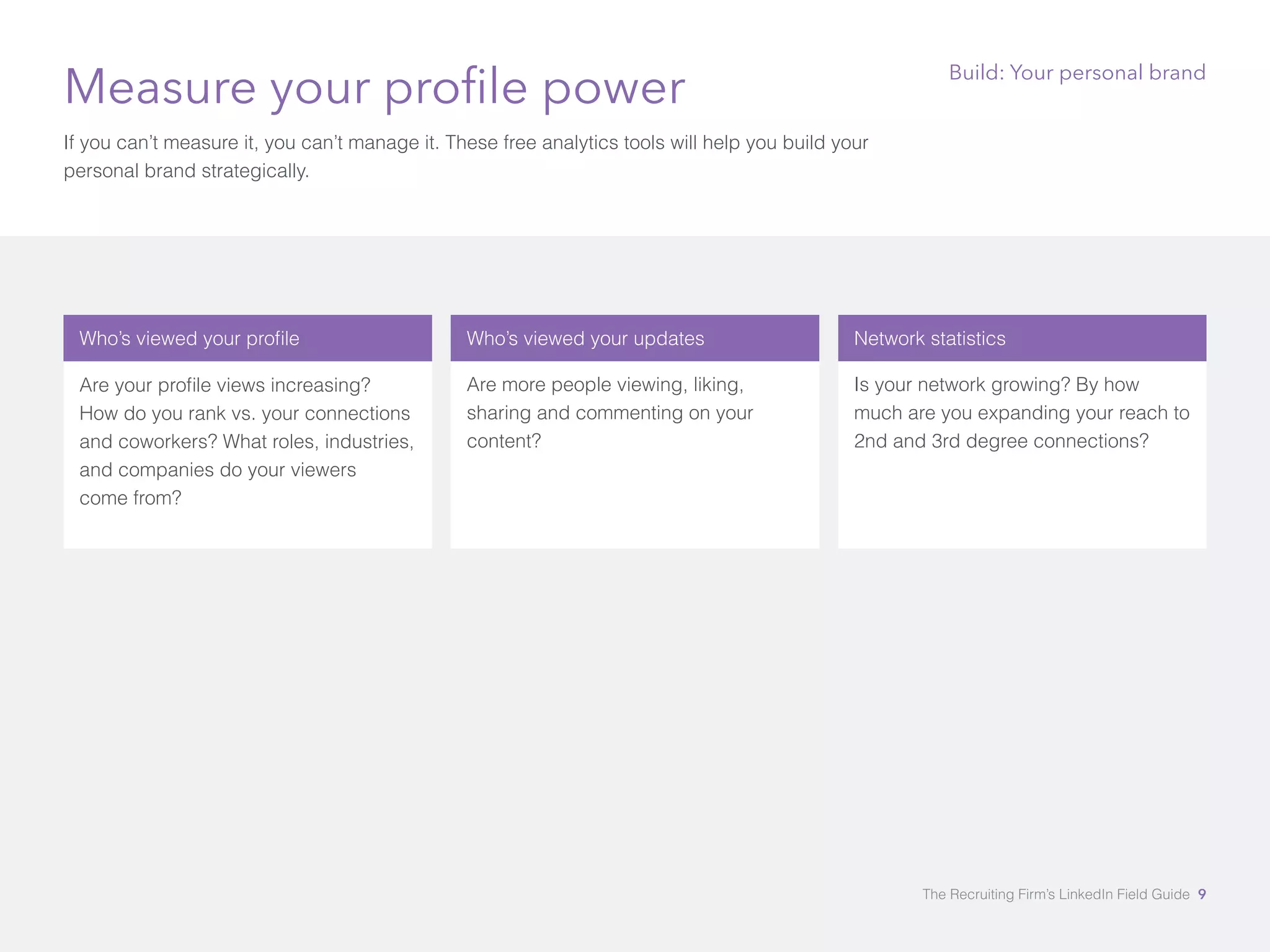 Measure your profile power 
If you can’t measure it, you can’t manage it. These free analytics tools will help you build your 
personal brand strategically. 
Who’s viewed your profile 
Are your profile views increasing? 
How do you rank vs. your connections 
and coworkers? What roles, industries, 
and companies do your viewers 
come from? 
Network statistics 
Is your network growing? By how 
much are you expanding your reach to 
2nd and 3rd degree connections? 
Who’s viewed your updates 
Are more people viewing, liking, 
sharing and commenting on your 
content? 
Build: Your personal brand 
The Recruiting Firm’s LinkedIn Field Guide 9 
 
