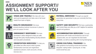ASSIGNMENT SUPPORT//
WE’LL LOOK AFTER YOU
VISAS AND TRAVEL// We help with visa /
work permit paperwork and take care of all travel
needs from taxis to flights.
EMERGENCY RESPONSE// We have
processes in place designed to keep you safe
through third party industry-leading security advisors
and evacuation procedures.
ORIENTATION SERVICES// To help you
get settled we offer airport meet & greets,
familiarisation services and registration
assistance (doctors, bank accounts, driving
licenses etc.)
ACCOMMODATION SERVICES// Through
agreements with hotels and landlords at all of our
projects sites, we can negotiate the best deals
available, as well as assisting with moving belongings.
CROSS CULTURAL TRAINING// We
offer guidance surrounding social and business
etiquette / eating habits / queuing etc. to help
avoid social faux pas.
HEALTH INSURANCE// We have
industry-leading medical insurances in place to
give you peace of mind.
PAYROLL SERVICES// Through our payroll
guarantee we guarantee to pay you correctly first time,
every time.
SAFETY AND SECURITY// We have a partnership
with Control Risks and offer you a 24/7 helpline for real-time
support and guidance.
$
 