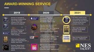 AWARD-WINNING SERVICE
2019 2020 2021
The APSCo awards are the
most prestigious accolade in
recruitment, We were awarded
“International Recruitment
Company of the Year”
“Best Large Recruitment
Business” at the Global
Recruiter awards
2021
“Best Contract Recruitment
Company” – Middle East
Winners of “International
Recruitment”, “Specialist
Recruitment” and “Growth
Recruitment” TIARA awards
Recruiter Award winners for of
“Best Recruitment Agency
Marketing Team”, “Best Engineering
Recruitment Agency” & “Best
International Recruitment Agency”
Largest Firms in the US
Largest Life Science Staffing Provider
- the list features the top 22 firms,
accounting for 83% of the market -
NES Fircroft were listed 8th
We have been named in the top 10
“Technical and Engineering
Recruiters” list (UK) for four
consecutive years – topping the list
Winners of “International
Recruitment Company of the
Year” & “Recruitment
Company of the Year (over
£50m turnover category)”
Winners of “International
Recruitment”, “Growth
Recruitment” and “Innovation”
TIARA awards
“Best Overseas Operation”
category for Global Recruiter
Awards, Asia Pacific
Awarded “Global Payroll
Team of the year” at the
Global Payroll Association
awards
 
