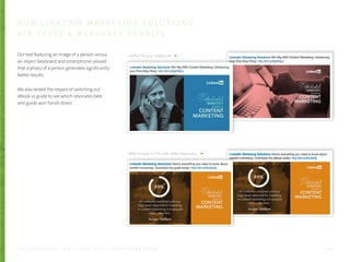 Our test featuring an image of a person versus
an object (keyboard and smartphone) proved
that a photo of a person generates significantly
better results.
We also tested the impact of switching out
eBook vs guide to see which resonates best
and guide won hands down.
+160% CTR, and +289% CVR
+95% increase in CTR, and +50% impressons.
H O W L I N K E D I N M A R K E T I N G S O L U T I O N S
A / B T E S T S & M E A S U R E S R E S U LT S
P . 2 2T H E S E C R E T S A U C E : H o w L I n k e d I n U s e s L i n k e d I n f o r M a r k e t i n g
 