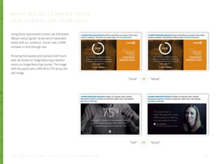 Using Direct Sponsored Content, we A/B tested
‘eBook’ versus ‘guide’ to see which resonated
better with our audience. ‘Guide’ saw a 100%
increase in click-through rate.
Knowing that quotes and statistics both work
well, we tested an image featuring a statistic
versus an image featuring a quote. The image
with the quote saw a 30% lift in CTR versus the
stat image.
W H A T W E ’ V E L E A R N E D F R O M
O U R A L W A Y S - O N A P P R O A C H
“Guide” “eBook”VS
“Stat” “Quote”VS
P . 2 7T H E S E C R E T S A U C E : H o w L I n k e d I n U s e s L i n k e d I n f o r M a r k e t i n g
 
