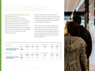 T H E S E C R E T S A U C E : H o w L I n k e d I n U s e s L i n k e d I n f o r M a r k e t i n g
L I N K E D I N C O N V E R S I O N T R A C K I N G
E a s i l y m e a s u r e a n d o p t i m i z e t h e b u s i n e s s i m p a c t o f
y o u r L i n k e d i n S p o n s o r e d C o n t e n t a n d T e x t A d s
P . 4 4
Below are two examples that illustrate the
importance of understanding which metrics you
are going to align your campaign performance
to. In both of these examples our objective was
to drive leads for the sales team.
In the first example, the metrics defined are
only top funnel metrics. If I was optimizing on
these metrics, it would be very clear that our
‘Technology Case Study’ campaign is the clear
winner. It is getting much higher click-through
rate and engagement rate as well as a much
lower cost-per-click.
How we optimize campaigns by top metrics
vs bottom funnel metrics
When deciding which metrics to use to
measure our campaigns, we first define our
objective. If the objective is to drive new visitors
tothe website, we would look at metrics like
clicks, click-through rate and cost-per-click to
understand campaign performance. If our goal is
to drive leads for our sales team we are going to
look at metrics like conversion rate and
cost-per-conversion.
 