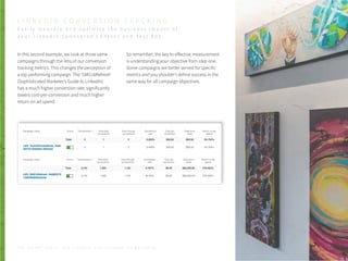 T H E S E C R E T S A U C E : H o w L I n k e d I n U s e s L i n k e d I n f o r M a r k e t i n g
L I N K E D I N C O N V E R S I O N T R A C K I N G
E a s i l y m e a s u r e a n d o p t i m i z e t h e b u s i n e s s i m p a c t o f
y o u r L i n k e d i n S p o n s o r e d C o n t e n t a n d T e x t A d s
P . 4 5
So remember, the key to effective measurement
is understanding your objective from step one.
Some campaigns are better served for specific
metrics and you shouldn’t define success in the
same way for all campaign objectives.
In this second example, we look at those same
campaigns through the lens of our conversion
tracking metrics. This changes the perception of
a top performing campaign. The ‘SMG16Refresh’
(Sophisticated Marketer’s Guide to LinkedIn)
has a much higher conversion rate, significantly
lowers cost-per-conversion and much higher
return on ad spend.
 