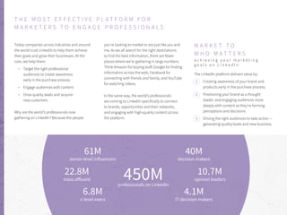 T H E M O S T E F F E C T I V E P L A T F O R M F O R
M A R K E T E R S T O E N G A G E P R O F E S S I O N A L S
Today companies across industries and around
the world trust LinkedIn to help them achieve
their goals and grow their businesses. At the
core, we help them:
Target the right professional
audiences to create awareness
early in the purchase process
Engage audiences with content
Drive quality leads and acquire
new customers
Why are the world’s professionals now
gathering on LinkedIn? Because the people
you’re looking to market to are just like you and
me. As we all search for the right destinations
to find the best information, there are fewer
places where we’re gathering in large numbers.
Think Amazon for buying stuff, Google for finding
information across the web, Facebook for
connecting with friends and family, and YouTube
for watching videos.
In the same way, the world’s professionals
are coming to LinkedIn specifically to connect
to brands, opportunities and their networks,
and engaging with high-quality content across
the platform.
M A R K E T T O
W H O M A T T E R S
a c h i e v i n g y o u r m a r k e t i n g
g o a l s o n L i n k e d I n
The LinkedIn platform delivers value by:
Creating awareness of your brand and
products early in the purchase process.
Positioning your brand as a thought
leader, and engaging audiences more
deeply with content as they’re forming
perceptions and decisions.
Driving the right audiences to take action --
generating quality leads and new business.
1
2
3
61M
senior-level influencers
22.8M
mass affluent
6.8M
c-level execs
40M
decision makers
10.7M
opinion leaders
4.1M
IT decision makers
450Mprofessionals on LinkedIn
P . 6
 