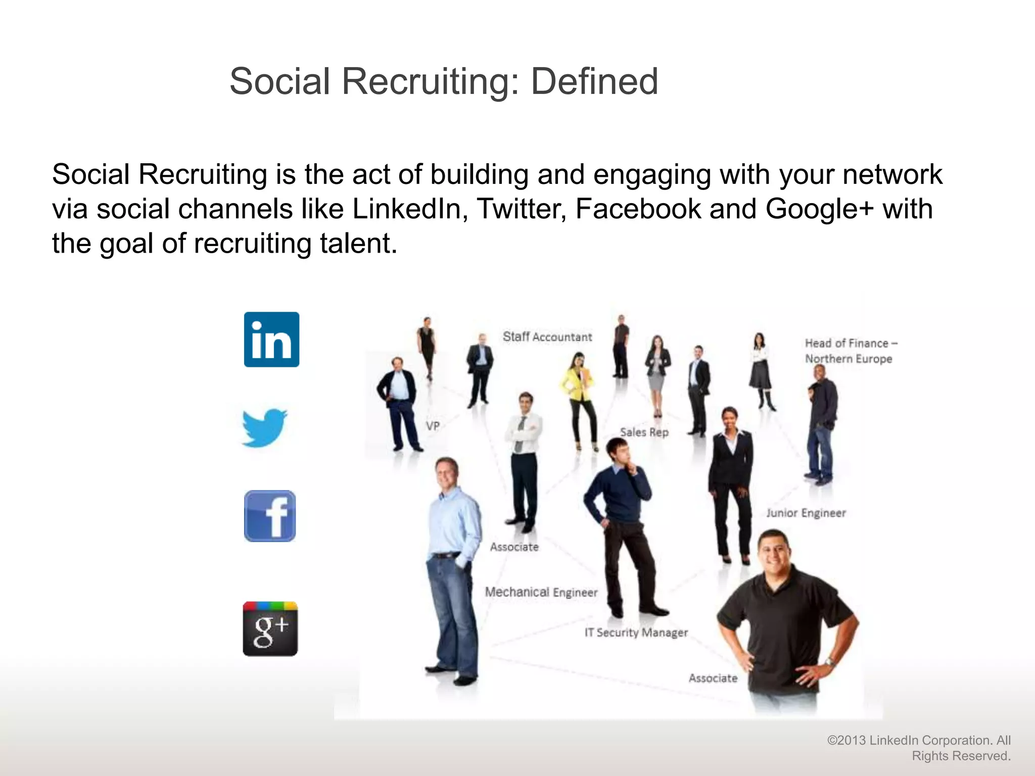 ©2013 LinkedIn Corporation. All
Rights Reserved.
Social Recruiting is the act of building and engaging with your network
via social channels like LinkedIn, Twitter, Facebook and Google+ with
the goal of recruiting talent.
Social Recruiting: Defined
 