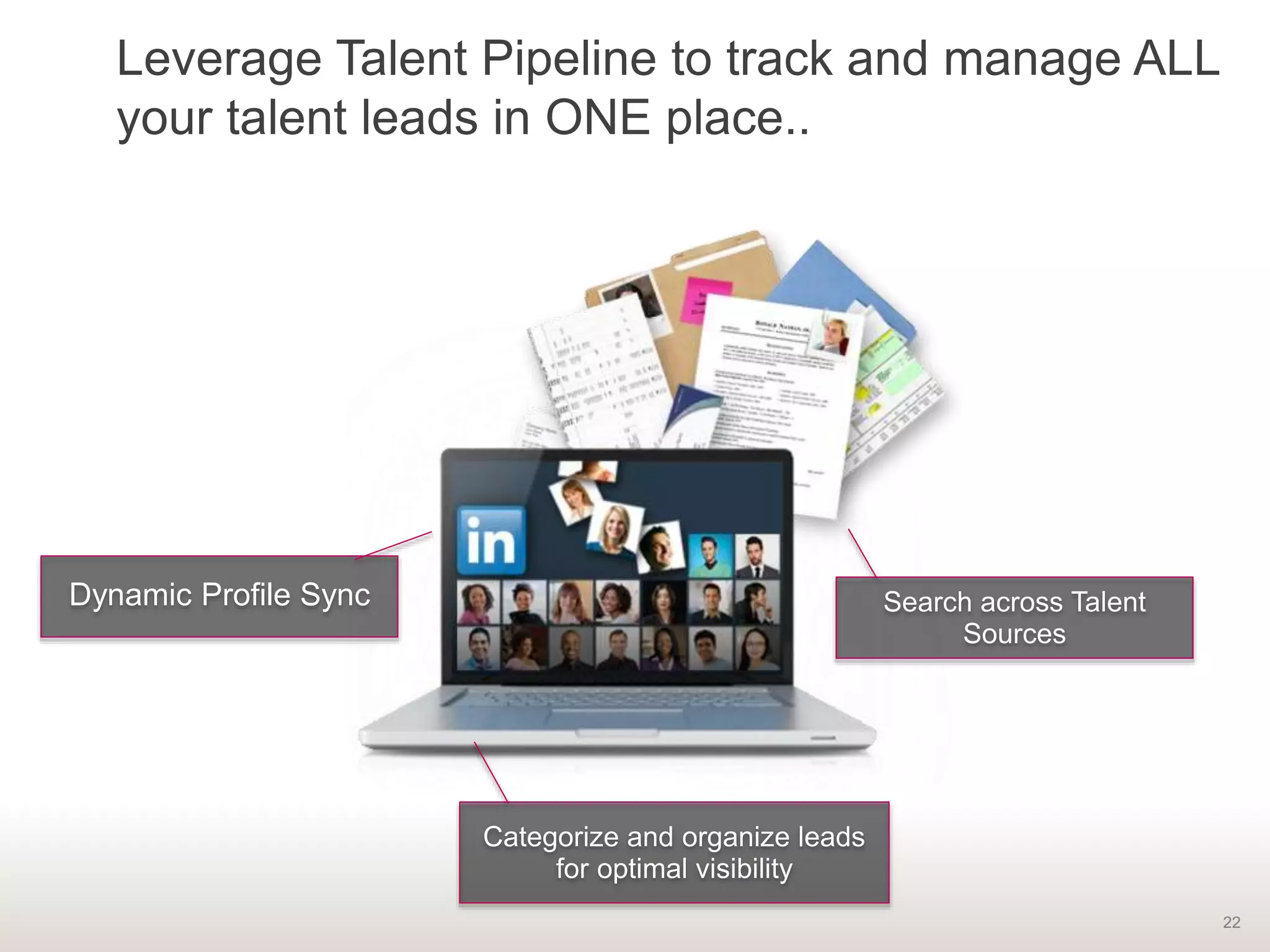 22
Leverage Talent Pipeline to track and manage ALL
your talent leads in ONE place..
Dynamic Profile Sync Search across Talent
Sources
Categorize and organize leads
for optimal visibility
 