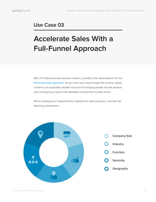 Use Case 03
LINKEDIN TARGETING: DELIVERING RELEVANT CONTENT TO THE RIGHT PEOPLE
Accelerate Sales With a
Full-Funnel Approach
With 7.9 million business decision makers, LinkedIn is the ideal platform for the
full-funnel sales approach1
. As you work your way through that process, gated
content is an especially valuable resource for bringing people into the pipeline
and creating touch points that ultimately compel them to take action.
When creating your Targeted Status Updates for sales purposes, consider the
following combination:
1: https://www.linkedin.com/ads/
Company Size
Industry
Function
Seniority
Geography
5
 