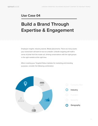 Use Case 04
LINKEDIN TARGETING: DELIVERING RELEVANT CONTENT TO THE RIGHT PEOPLE
Build a Brand Through
Expertise & Engagement
Employee insights. Industry awards. Media placements. There are many assets
your brand team will want to tout on LinkedIn. LinkedIn targeting will instill a
sense of pride from the inside out, striking conversations with the right groups
in the right markets at the right time.
When creating your Targeted Status Updates for marketing and branding
purposes, consider the following combination:
Company Size
Industry
Function
Seniority
Geography
6
 