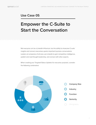 Use Case 05
LINKEDIN TARGETING: DELIVERING RELEVANT CONTENT TO THE RIGHT PEOPLE
Empower the C-Suite to
Start the Conversation
Not everyone can be a LinkedIn Inﬂuencer, but the ability to showcase C-suite
insights and connect executives sparks important business conversations.
Leaders at companies of all sizes use LinkedIn to gain competitive intelligence,
publish and read thought leadership, and connect with other experts.
When creating your Targeted Status Updates for executive purposes, consider
the following combination:
Company Size
Industry
Function
Seniority
Geography
7
 